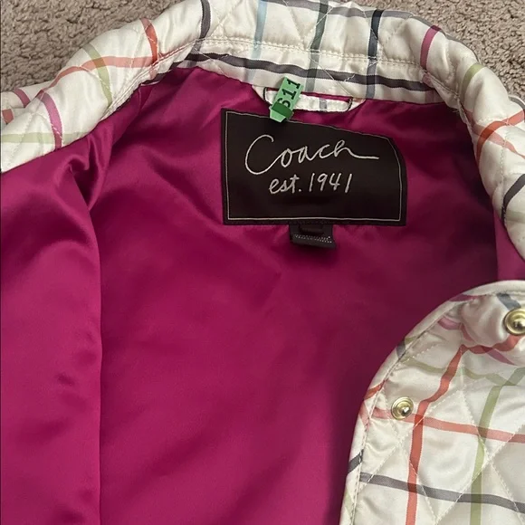 Coach Ivory Quilted Plaid Puffer Jacket with Multicolor Stripes - Picture 7 of 7